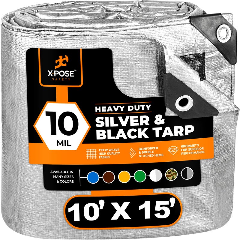 xpose safety Heavy Duty Poly Tarp -10' x 15'- 10 Mil Thick Waterproof, UV Blocking Protective Cover - Reversible Silver and Black - Laminated Coating - Grommets - by Xpose Safety - Image 1